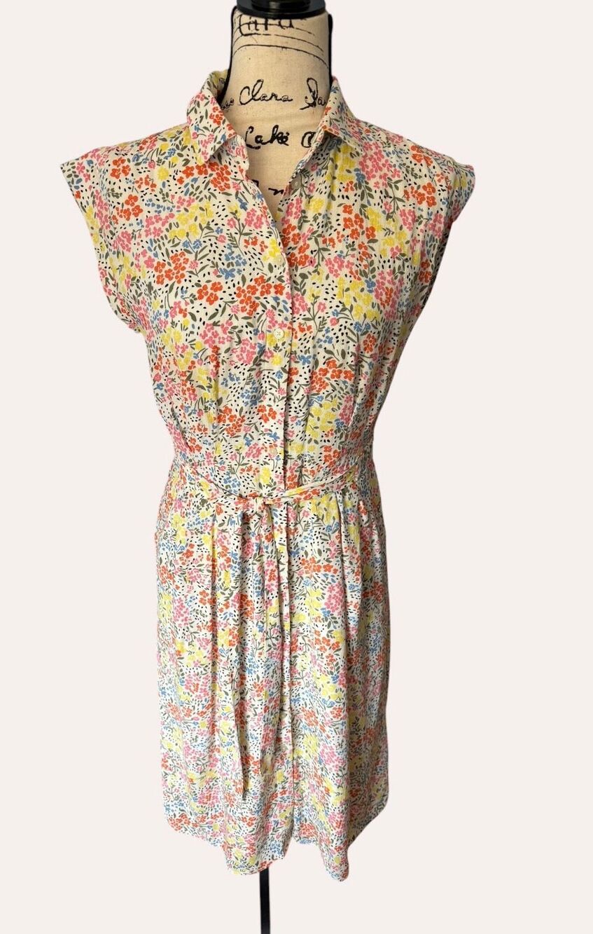 LOFT Petites Floral Shirtdress 0P Belted Cap Sleeve Button Front Pocket Dress